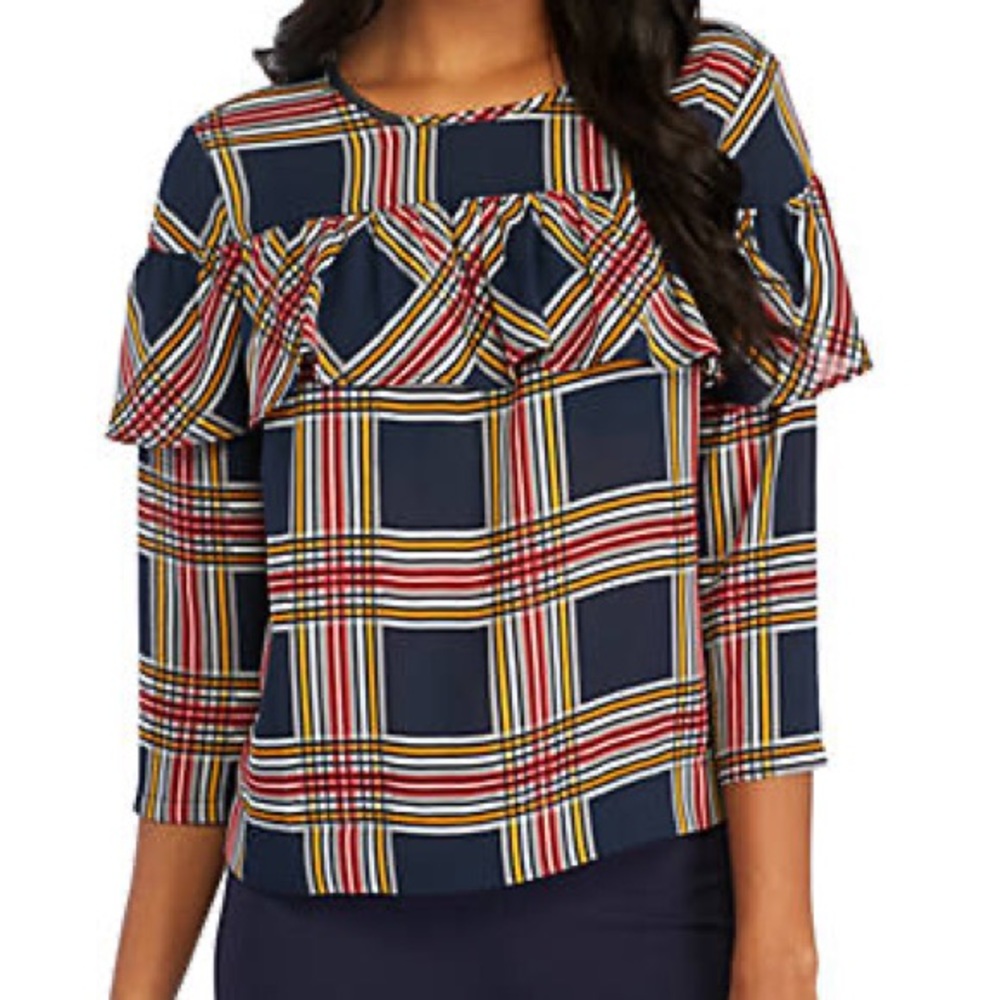 Never worn Women's Size Small Crown & Ivy Navy Striped Ruffled Blouse